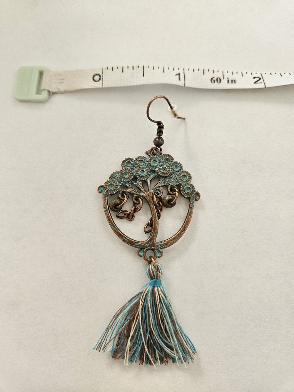 NWT Bohemian Green Tassel Drop Earrings Copper Blue Gold Lightweight Feminine - Picture 2 of 4
